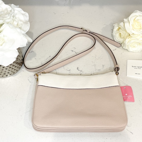 NWT Kate Spade Beige Nude & Cream Pebbled Leather Triple Gusset Crossbody Purse - Picture 4 of 11